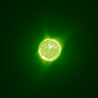Image of total solar eclipse that occurred on August
21st 2017. This image was obtained after combination
of 15 exposures acquired during the eclipse with 15
different exposure times; the inner part shows the
EUV solar disk as observed by SDO AIA on the same
day (see Bemporad 2020 for details).